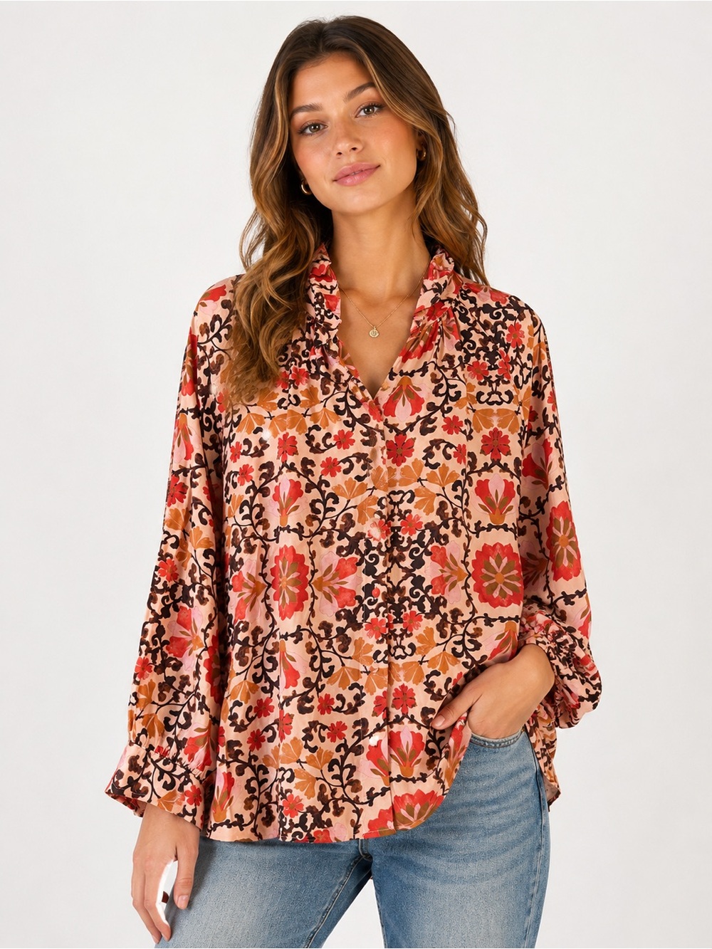 LAROQUE NwT Floral V-Neck Long Sleeve Top in Pink and Orange